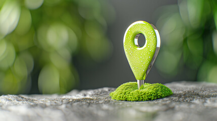 Poster - Map marker and green pin on moss with blurred greenery background for location tracking and navigation