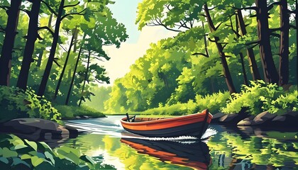 Wall Mural - Serene river journey with a boat amidst a lush forest in a vibrant vector illustration