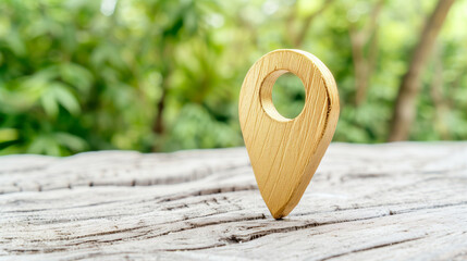 Poster - Location marker in natural setting with wooden design and greenery background for travel navigation