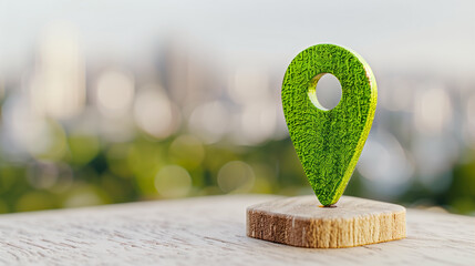  - Location pin on wooden base representing navigation tool in modern urban setting