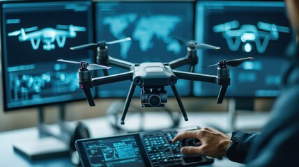 Poster - Person operating drone with digital screens in background, innovative technology setup.