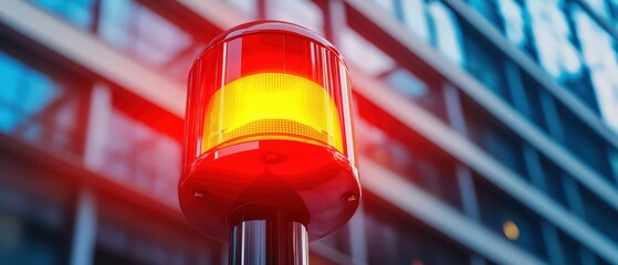 Poster - Red emergency light on a post with a blurred modern building background.