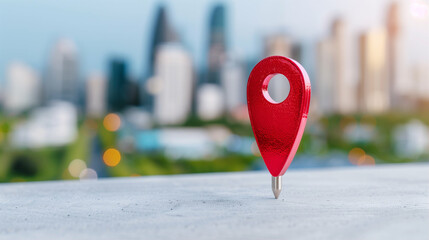 Poster - Pin location mapping tool on urban landscape with blurred city background