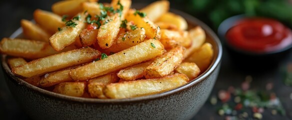 golden crispy french fries piled high in a stylish ceramic bowl accompanied by a vibrant red pool of ketchup closeup shot highlighting texture and warm inviting colors