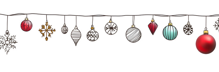 Canvas Print - Simple contours of christmas decorations and Christmas toys. Seamless modern border on white background. One continuous line modern drawing, background, banner, illustration.