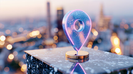 Poster - Map pin location marker on blurred city background with bokeh lights emphasizing navigation and travel