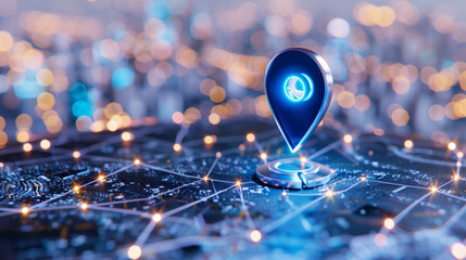 Poster - Location pin on digital map technology with glowing elements for navigation and connectivity