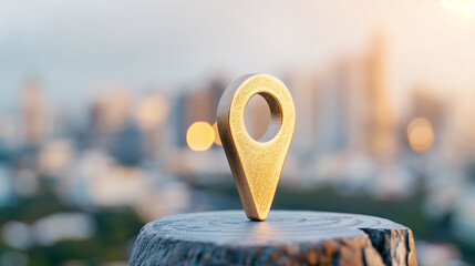 Poster - Location marker on wooden surface with cityscape in background symbolizing travel and navigation