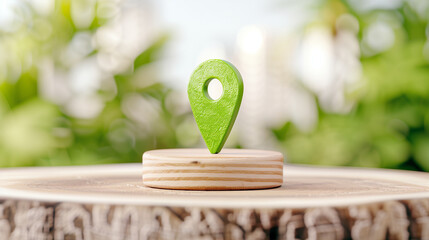 Poster - Location pin marker on wooden base with green design in outdoor setting