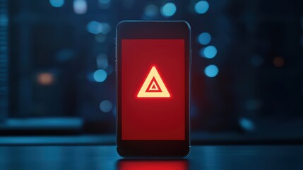 Poster - Smartphone displaying a red warning symbol on a dark background.