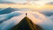 © MAY - A person taking a deep breath while standing on a mountain peak, overlooking a breathtaking panorama of rolling hills and clouds.