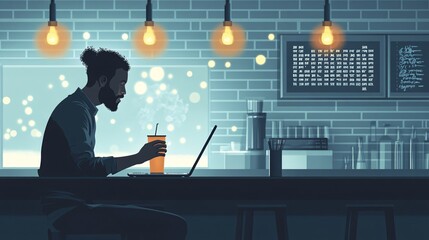 Wall Mural - A clean vector design of a person sitting at a cafe playing a word puzzle game on their laptop while sipping a drink Large space for text in center Stock Photo with copy space