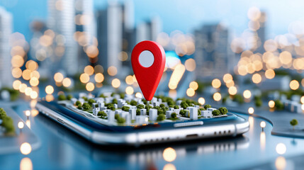 Poster - Smartphone with location pin displaying maps and cityscape background with bokeh lights