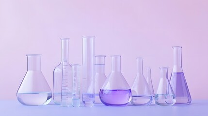 Poster - A Row of Clear Glass Beakers Filled with Purple and Blue Liquids on a Light Purple Surface