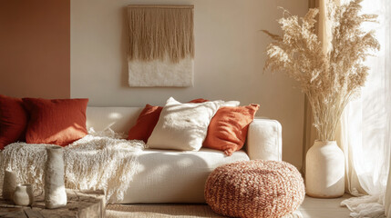 cozy living room featuring warm beige sofa adorned with coral and cream cushions, complemented by textured wall hanging and stylish vase filled with dried pampas grass. soft lighting creates serene