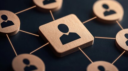 Poster - Wooden blocks with user icons connected by lines on dark background, symbolizing networking and communication.