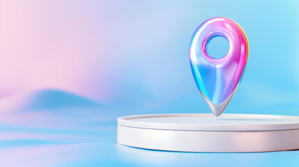 Poster - Location pin 3D design on a pedestal with vibrant colors and soft background