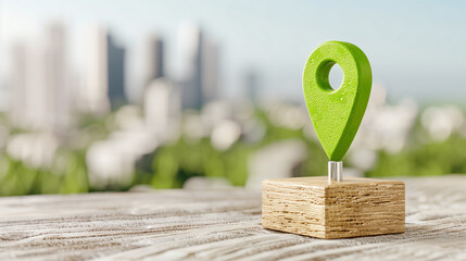 Poster - Location marker on wood against city background highlighting travel and navigation