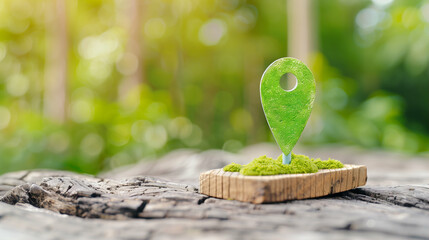 Poster - Location pin on wooden table with green moss and nature background