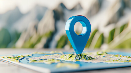 Poster - map marker location on a detailed map with natural scenery in the background highlighting travel and