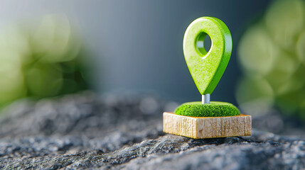 Poster - Location pin map marker on stone surface with greenery backdrop for navigation and travel