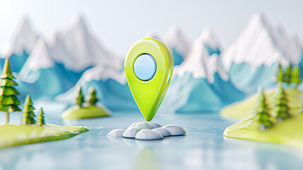 Poster - Map marker in vibrant landscape design showcasing purpose and exploration with mountains and trees