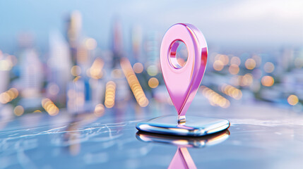 Poster - Location pin on smartphone with city skyline in background showcasing technology and navigation