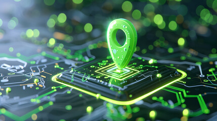 Poster - Location pin on digital map with circuit technology and green lights