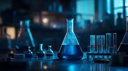 Poster - Glassware and Test Tubes Filled with Blue Liquid in a Laboratory Setting