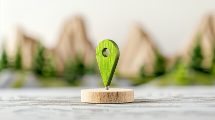 Poster - Map pin highlighting location on a detailed map with mountains and trees in background