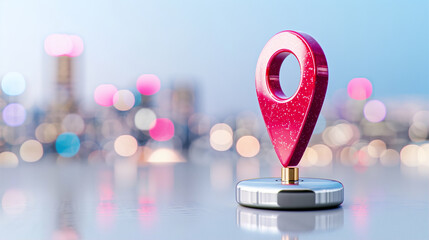 Poster - Location pin with technology and blurry city background showcasing navigation and connectivity
