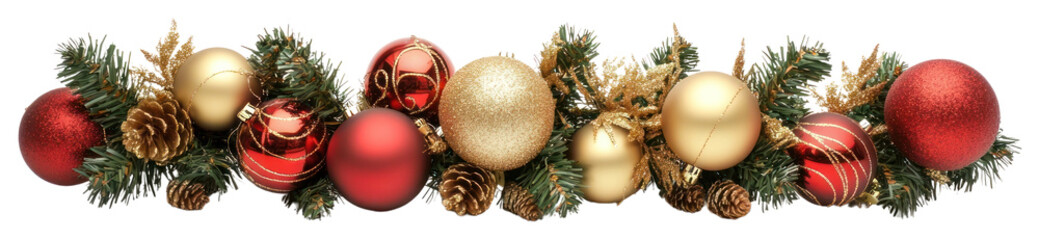 Wall Mural - christmas garland with golden and red ornaments on white background christmas accessories pineapple.