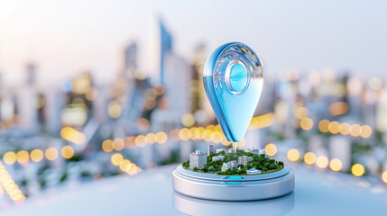 Poster - Location pin with cityscape in the background showcasing urban navigation and mapping technology
