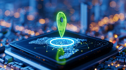 Poster - Smartphone with location pin on digital map showing technology and connectivity