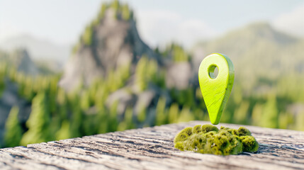 Poster - Location marker on moss with greenery background for navigation and travel planning