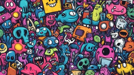 Wall Mural - Cute Cartoon Characters and Colorful Cars in Doodle Style, pattern design