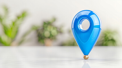  - Location pin and map marker on a clean surface with blurred background and greenery