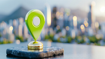 Poster - Location pin on a map in a modern city with blurred background depicting navigation and travel
