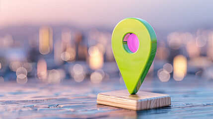  - Map marker with technology icon and location marker in vibrant city setting at sunset
