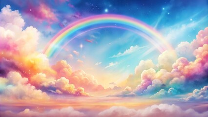 Wall Mural - The colorful watercolor background features an abstract sunset sky with fluffy clouds in a rainbow of colors, including pink, green, blue, yellow, purple, and more. It can be used as a banner