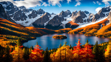 Wall Mural - Beautiful autumn scenery, lake and mountain scenery, beautiful lakes and forests with yellow leaves, natural wilderness scenery background