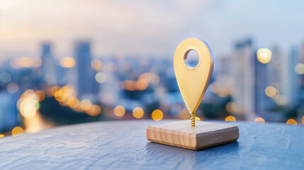 Poster - Location marker standing on a wooden base with blurred cityscape background and warm bokeh lights