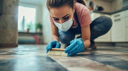 Woman Cleaning Floor with Brush in Modern Kitchen