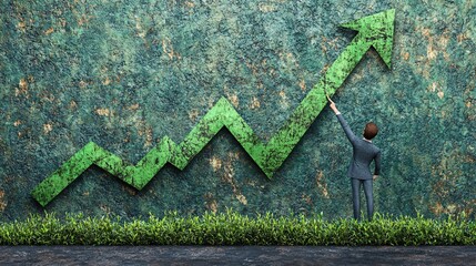 Wall Mural - A 3D-render of a cartoon man pulling an upward line on a stock chart while standing on a green arrow representing economic growth Large space for text in center Stock Photo with copy space