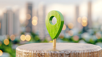  - Location pin and map marker on wooden table with blurred city background and bokeh effect