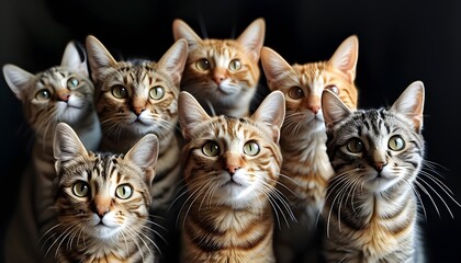 Charming assembly of six cats showcasing diverse fur patterns and colors, some gazing directly at the camera