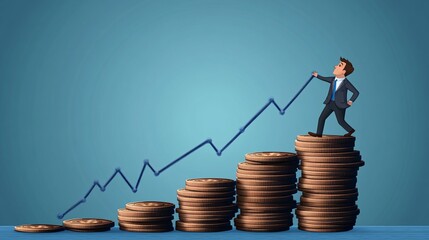 Wall Mural - A digital art vector featuring a single cartoon businessman pulling the upward line of a financial chart as he stands on a stack of coins Large space for text in center Stock Photo with copy space