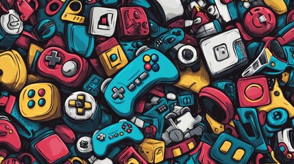 Wall Mural - Cartoon Vector Pattern Design with Game Controllers, Video Games, and Toys