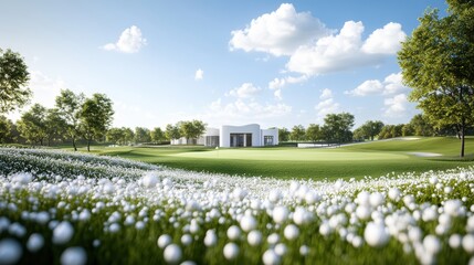 Wall Mural - A scenic view of a club clubhouse, showcasing the luxurious amenities and social atmosphere associated with golf.