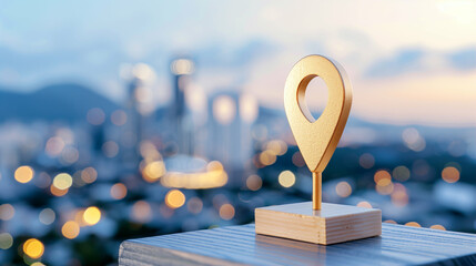 Poster - Location marker with blurred city background and bokeh lights modern design and outdoor urban setting
